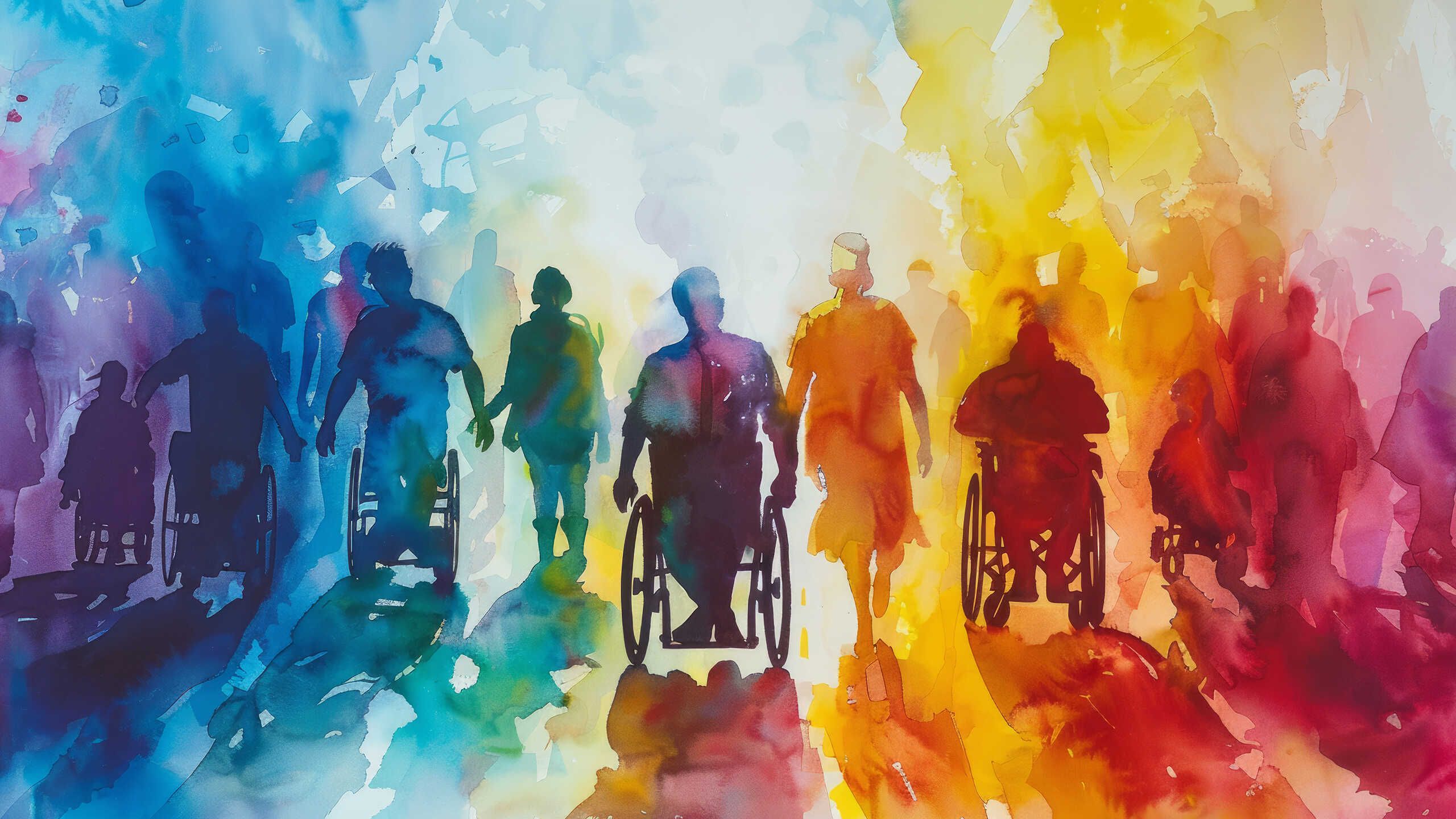Silhouetten von Menschen, einige im Rollstuhl, die in verschiedene Richtungen gehen. Bunte Aquarellfarben in Blau, Gelb und Orange im Hintergrund.