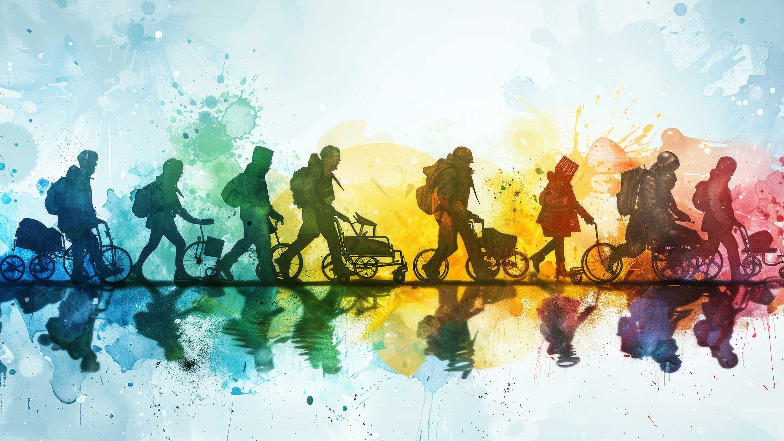 Silhouetten von Menschen mit Gepäck und Fahrrädern, die in einer Reihe gehen. Bunte Farbkleckse im Hintergrund, die eine lebendige Atmosphäre schaffen.