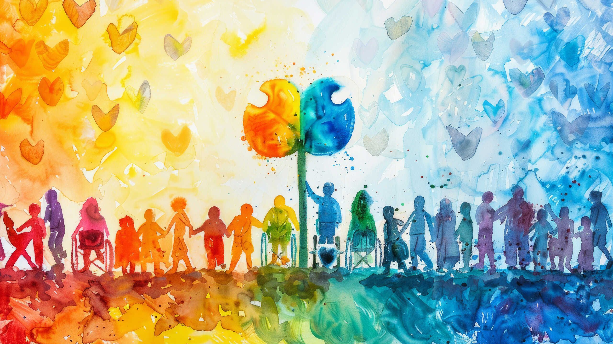 Bunte Aquarellillustration mit einer stilisierten Baum-Silhouette in der Mitte, umgeben von Silhouetten von Menschen in verschiedenen Posen und Aktivitäten, die in zwei Farbwelten (gelb und blau) stehen.