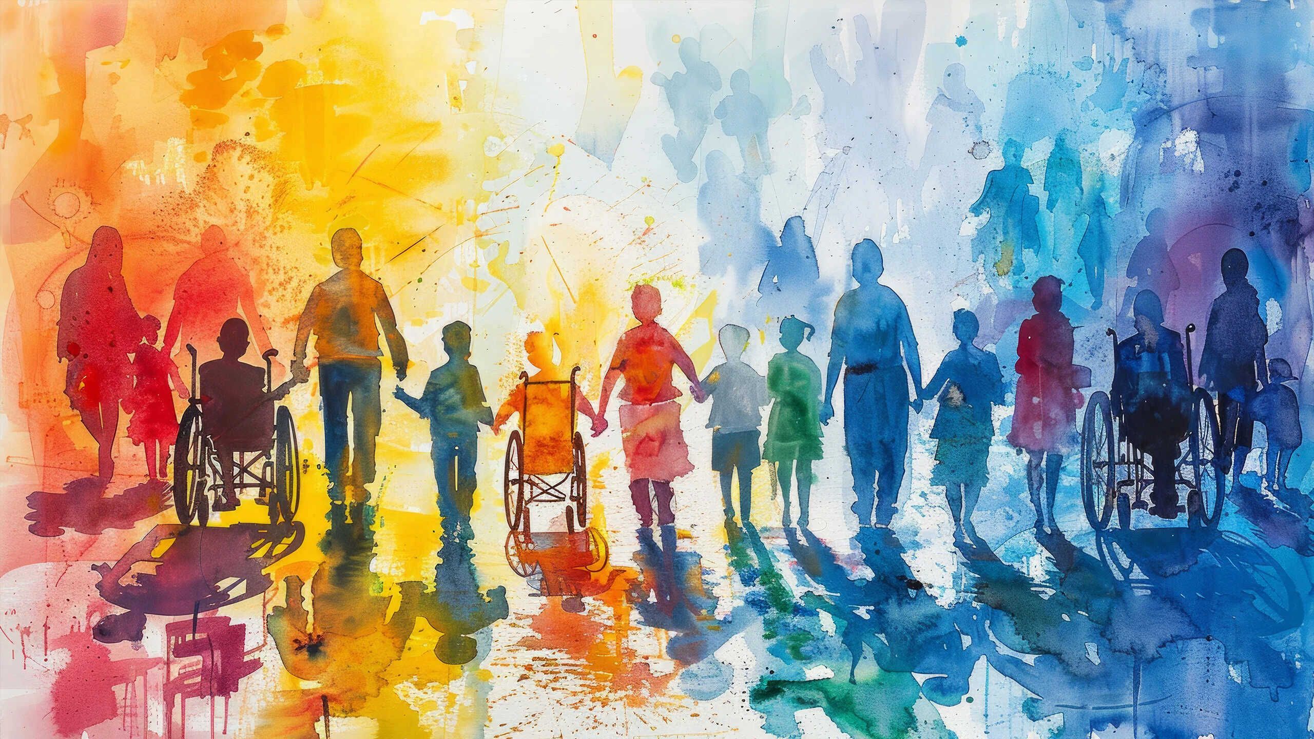 Aquarellbild mit Silhouetten von Menschen.