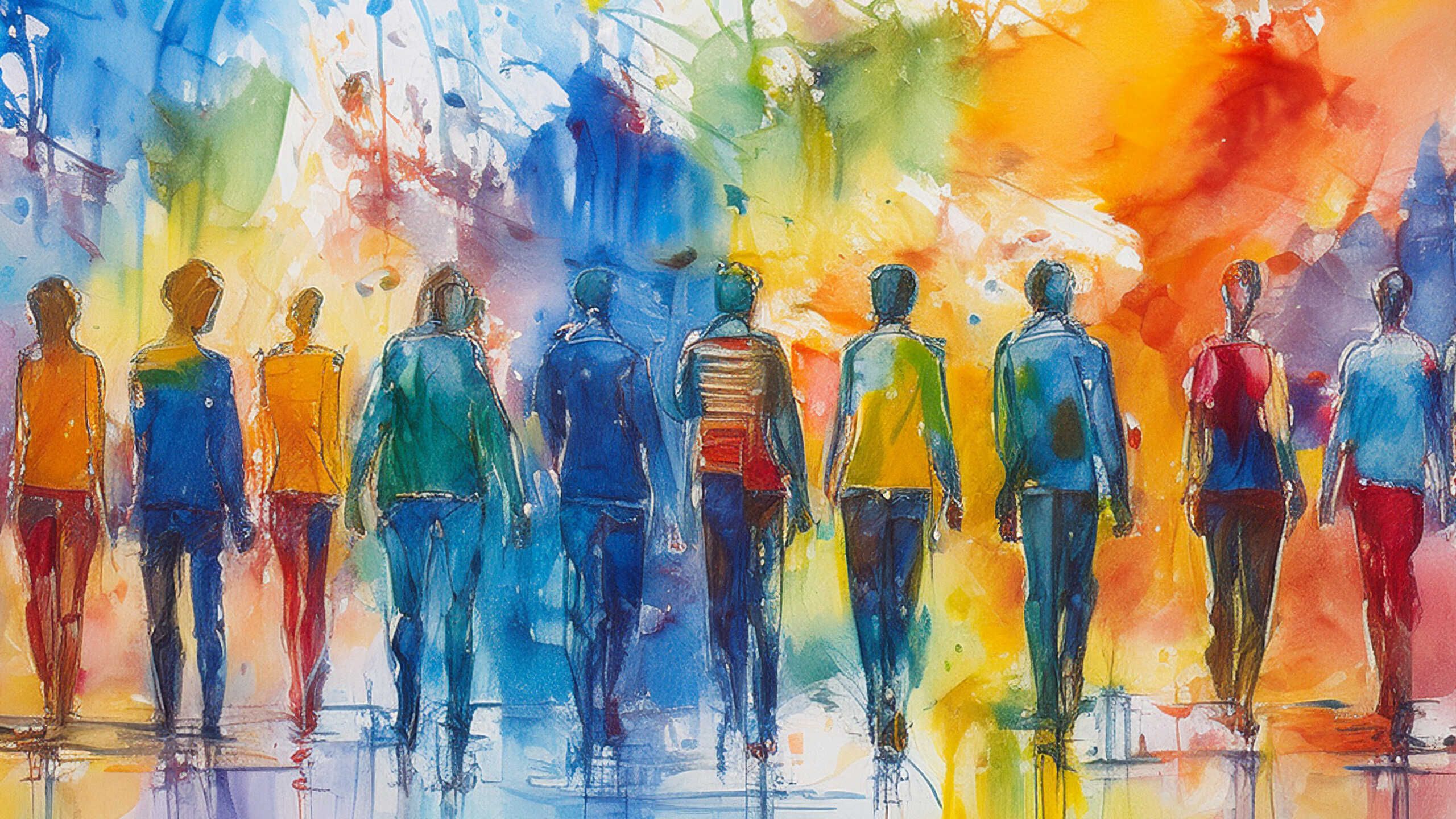 Aquarellzeichnung von zehn Personen, die in einer Reihe von hinten gehen. Die Figuren tragen verschiedene farbige Oberteile und sind vor einem bunten, abstrakten Hintergrund.